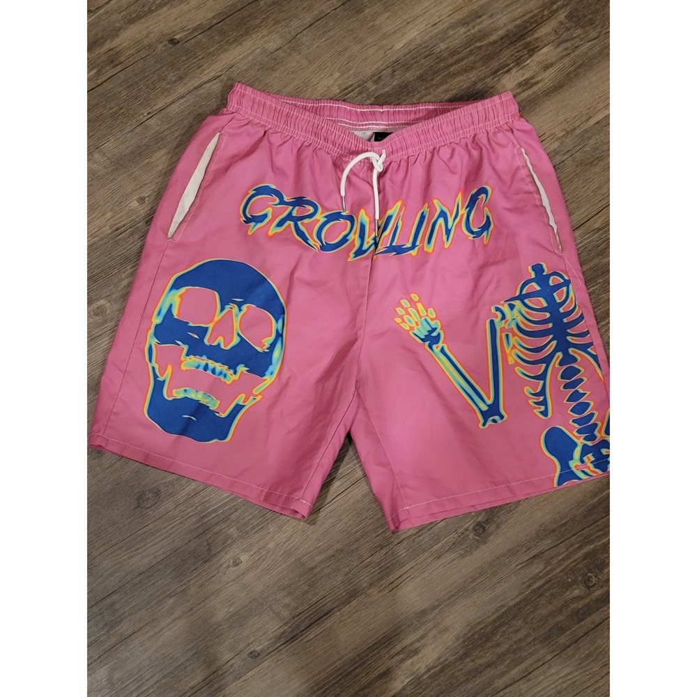 Romwe Mens Pink Growling Skull Skeleton Swim Trunks Shorts Size S US 36